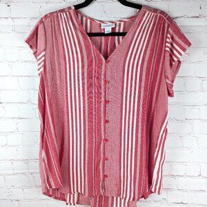 Liz Claiborne Red/White Striped Button-Down Top - Large